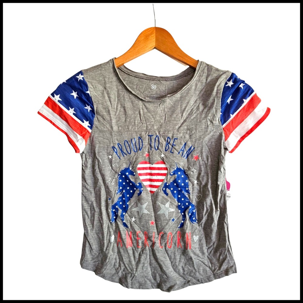 SO Patriotic American Flag Unicorn Graphic‎ Tee Shirt Top Kids Size 12